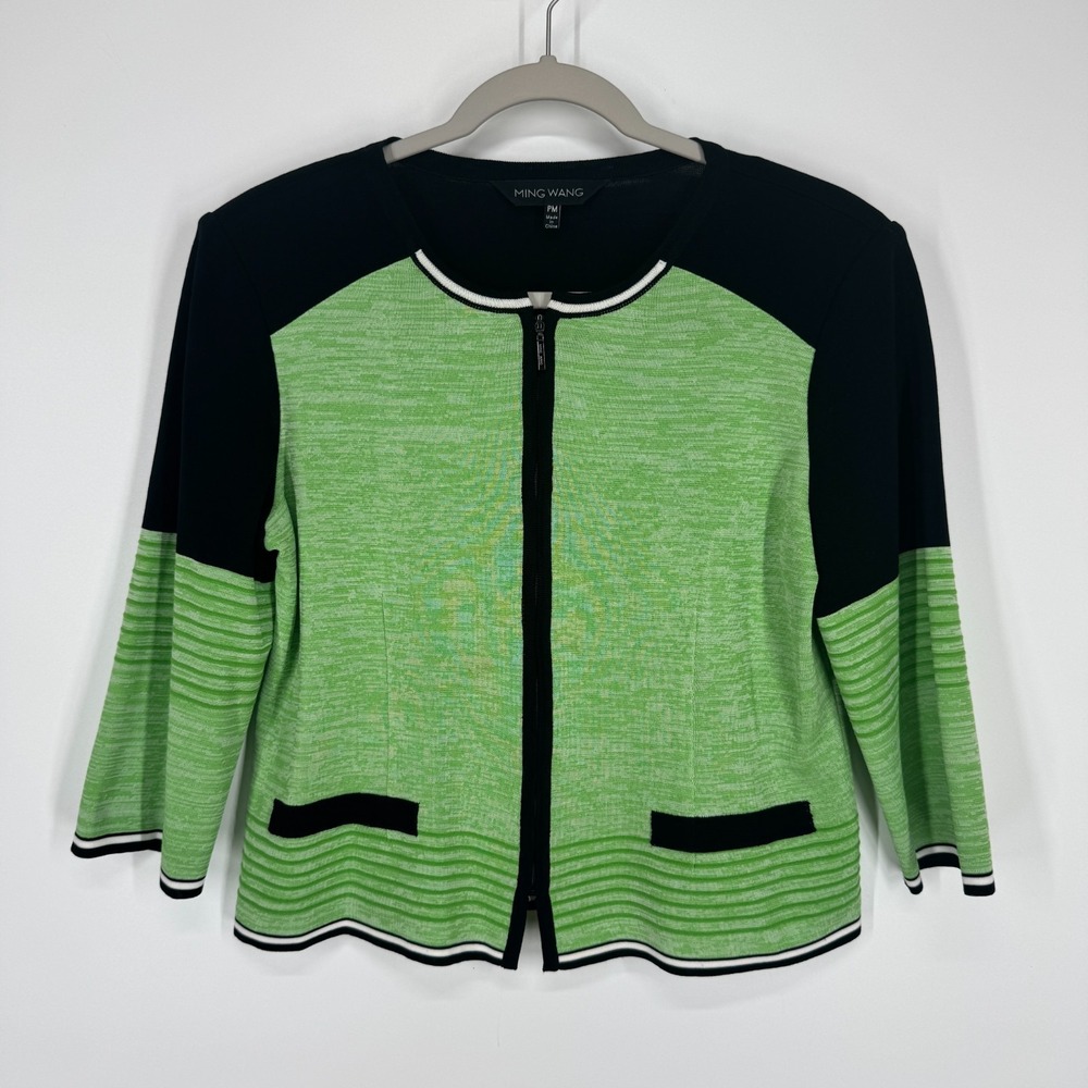 Ming Wang Jacket Womens PM Black Green Full Zip 3/4 Sleeve Color Block